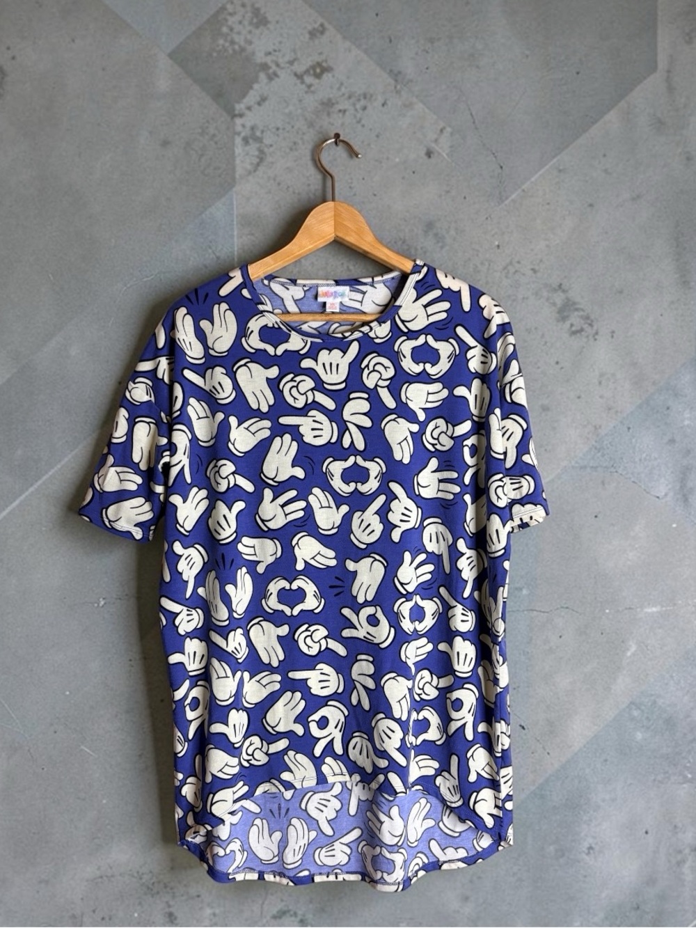 LuLaRoe Disney Mickey Mouse Gloves Irma Tunic Top XS Blue